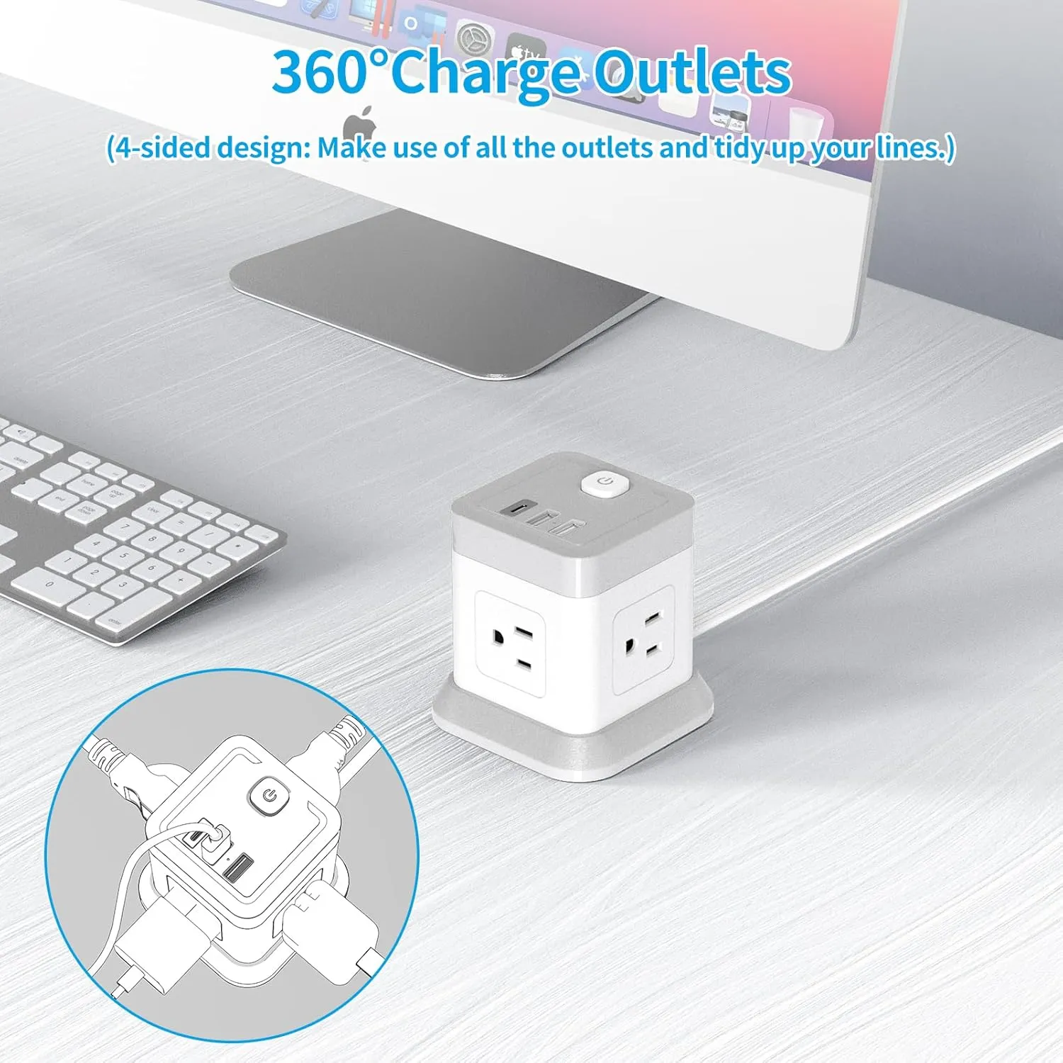 Power Strip with USB, FDTEK Flat Plug Extension Cord with 4 Outlets and 3 USB(1 USB C), 5 FT Power Cord Desktop Charging Station, Overload Protection, Compact Portable for Travel Home Office