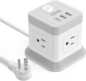 Power Strip with USB, FDTEK Flat Plug Extension Cord with 4 Outlets and 3 USB(1 USB C), 5 FT Power Cord Desktop Charging Station, Overload Protection, Compact Portable for Travel Home Office