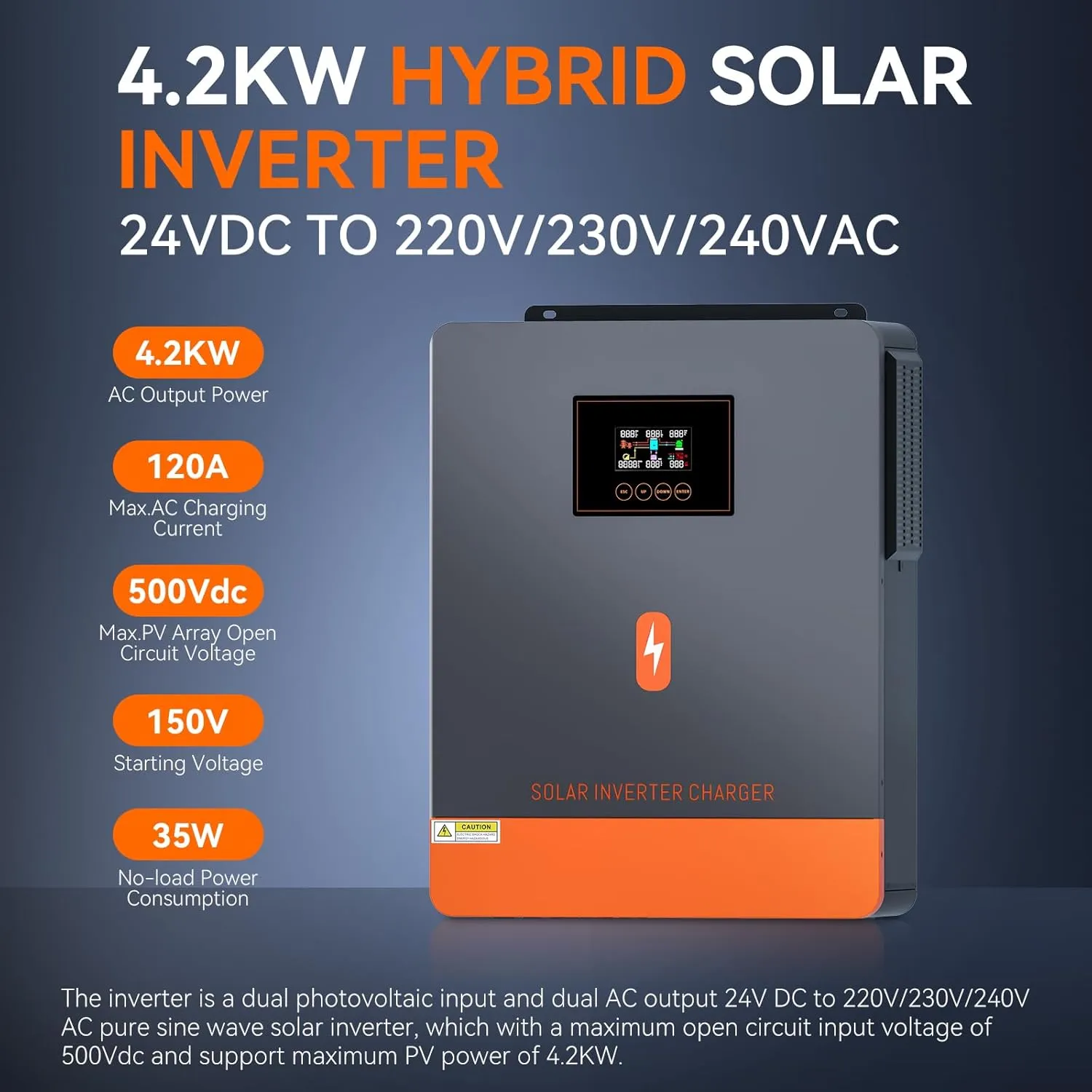 PowMr 4200W Solar Inverter, 24VDC to 220-230VAC, Off-Grid All-in-One Charger Hybrid Inverter with 120A MPPT Solar Charge Controller, Max PV Power 6200W Input, Work for 24V Lead Acid & Lithium Battery