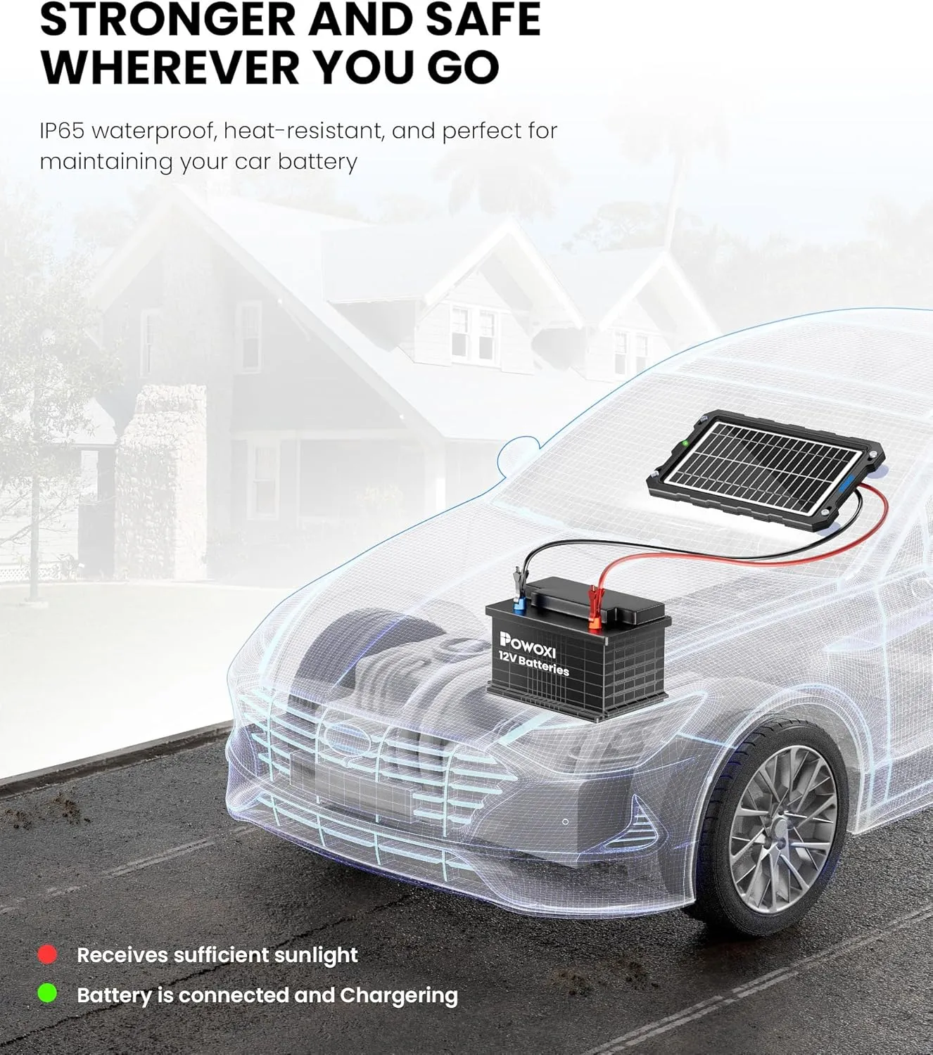 POWOXI-9W-Solar-Battery-Trickle-Charger-Maintainer -12V Portable Waterproof Solar Panel Trickle Charging Kit for Car, Motorcycle, Boat, Marine, RV, Trailer, Powersports, Snowmobile, etc.