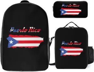 PR State Flag Map Fashion 17 in Backpack 3PC Sets Cute Printed Insulated Lunch Bag Set with Pencil Case