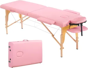 PrimeZone Portable Massage Table Lash Bed- 2 Folding Massage Bed, Height Adjustable Pink Tattoo Lash Table with Accessories, Professional Wooden Spa Table for Eyelash, Facial, Home, Therapy, 84" x 32"