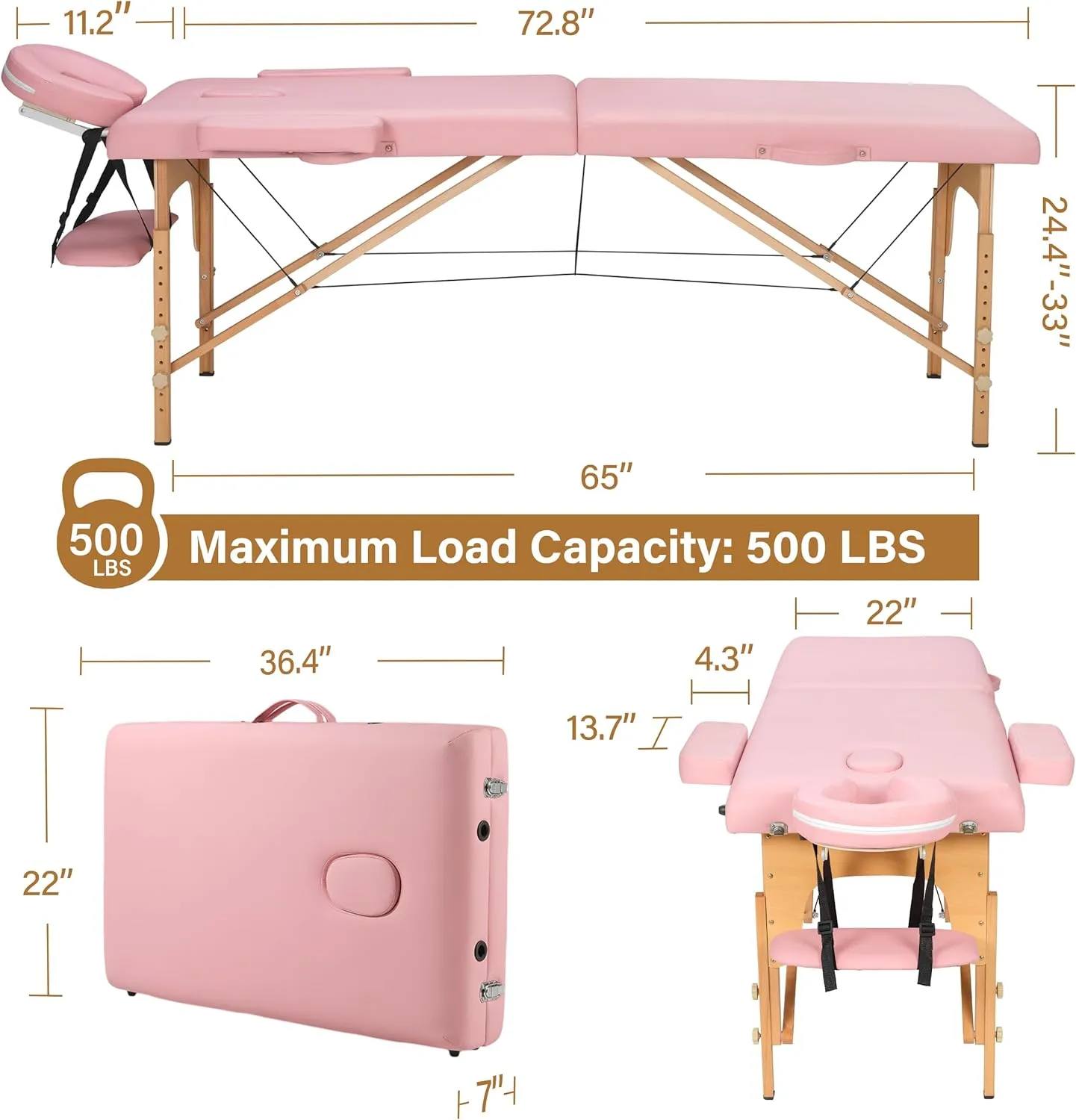 PrimeZone Portable Massage Table Lash Bed- 2 Folding Massage Bed, Height Adjustable Pink Tattoo Lash Table with Accessories, Professional Wooden Spa Table for Eyelash, Facial, Home, Therapy, 84" x 32"