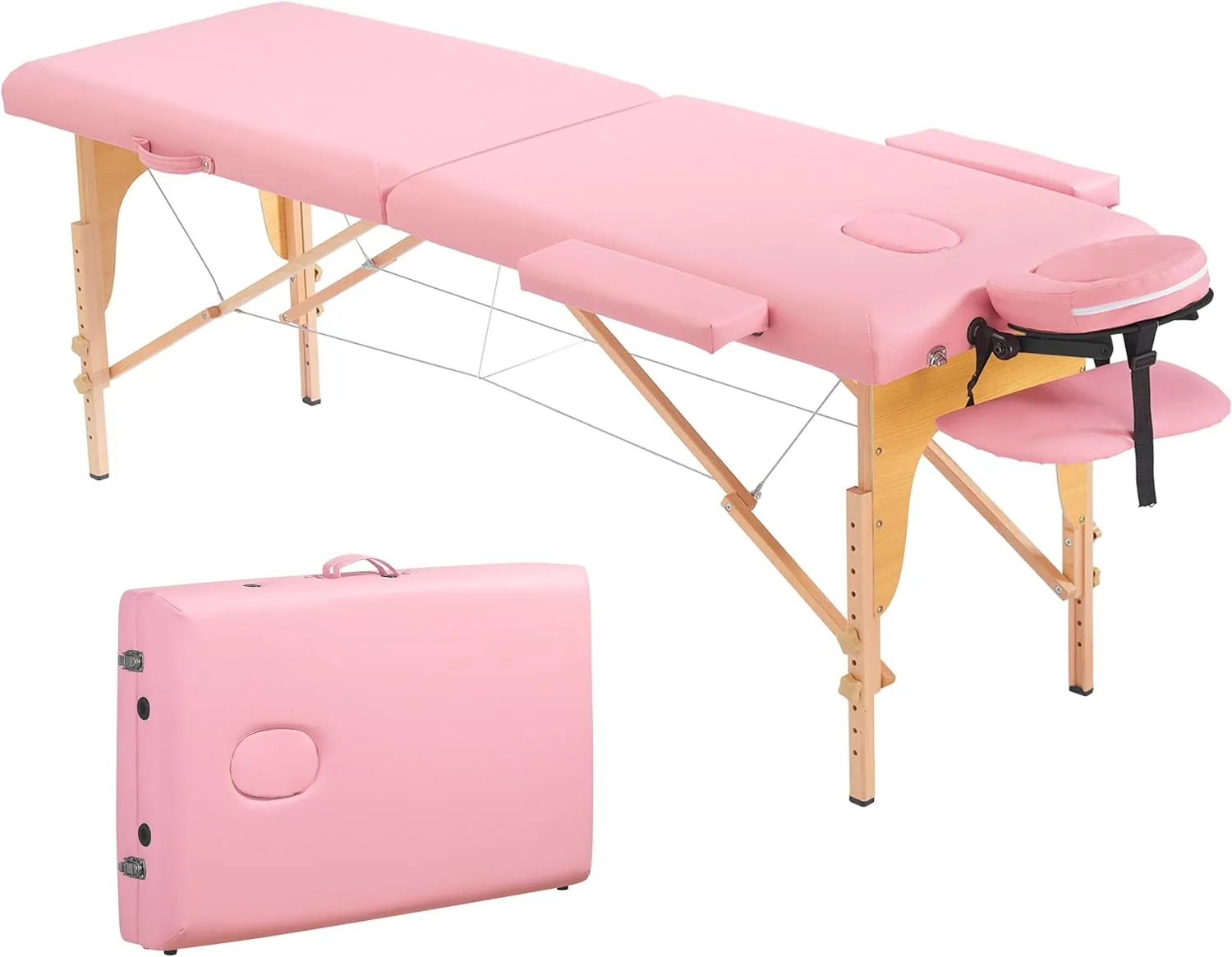 PrimeZone Portable Massage Table Lash Bed- 2 Folding Massage Bed, Height Adjustable Pink Tattoo Lash Table with Accessories, Professional Wooden Spa Table for Eyelash, Facial, Home, Therapy, 84" x 32"
