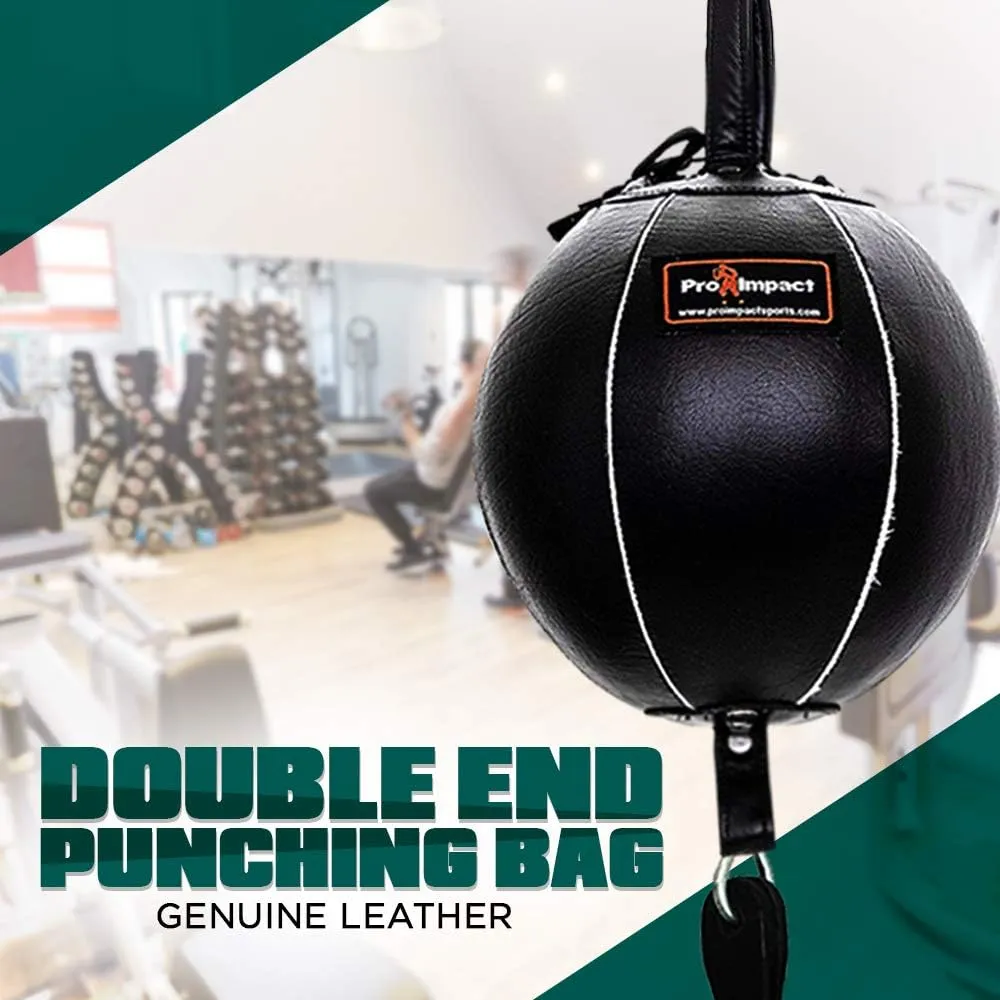 PRO IMPACT Genuine Leather Double End Boxing Punching Bag - Speed Striking & Dodge Training Ball for MMA, Muay Thai, Boxing, Gym Workout - Includes Cords & Hooks for Easy Setup
