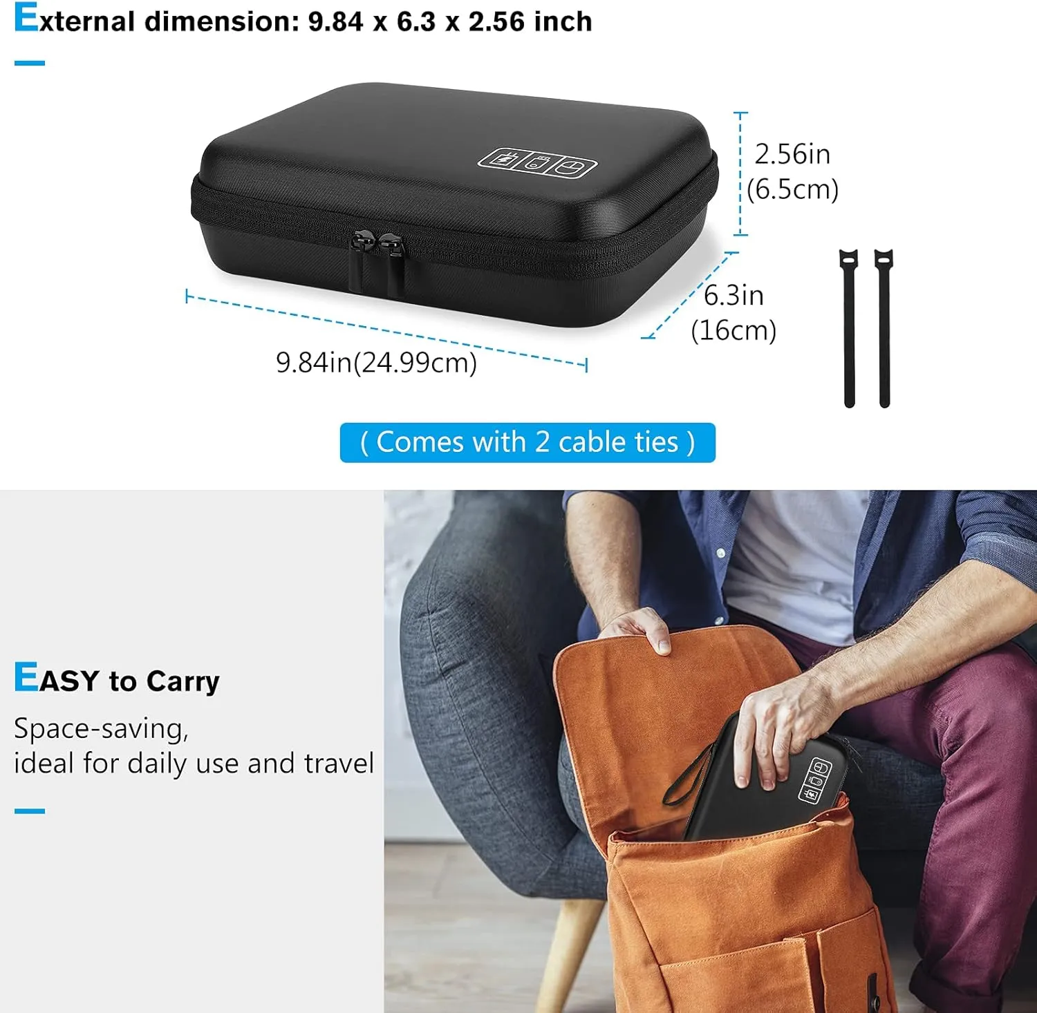 ProCase Hard Travel Electronic Organizer Case for MacBook Power Adapter Chargers Cables Power Bank Apple Magic Mouse Apple Pencil USB Flash Disk SD Card Small Portable Accessories Bag -L, Black