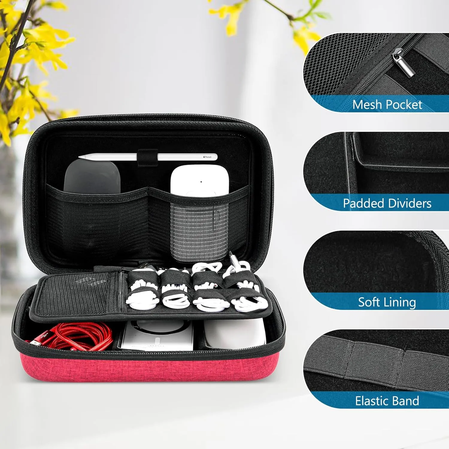ProCase Hard Travel Electronic Organizer Case for MacBook Power Adapter Chargers Cables Power Bank Apple Magic Mouse Apple Pencil USB Flash Disk SD Card Small Portable Accessories Bag -L, Wine