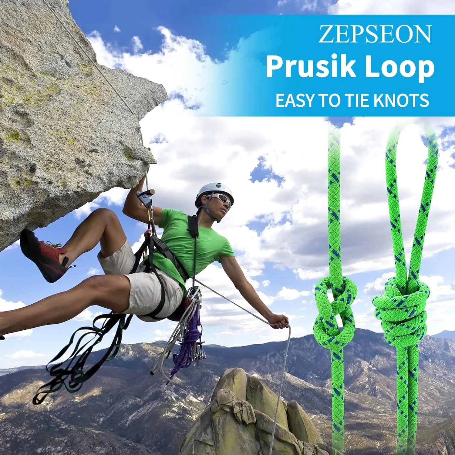 Prusik Cord 8mm (5/16in) 20M(65ft) Climbing Nylon Rope Accessory Line Double Braid Pre Cut Cord Climbing Rock Accessories Uiaa High Tensile Strength for Mountaineering, Canyoneering, Rescue