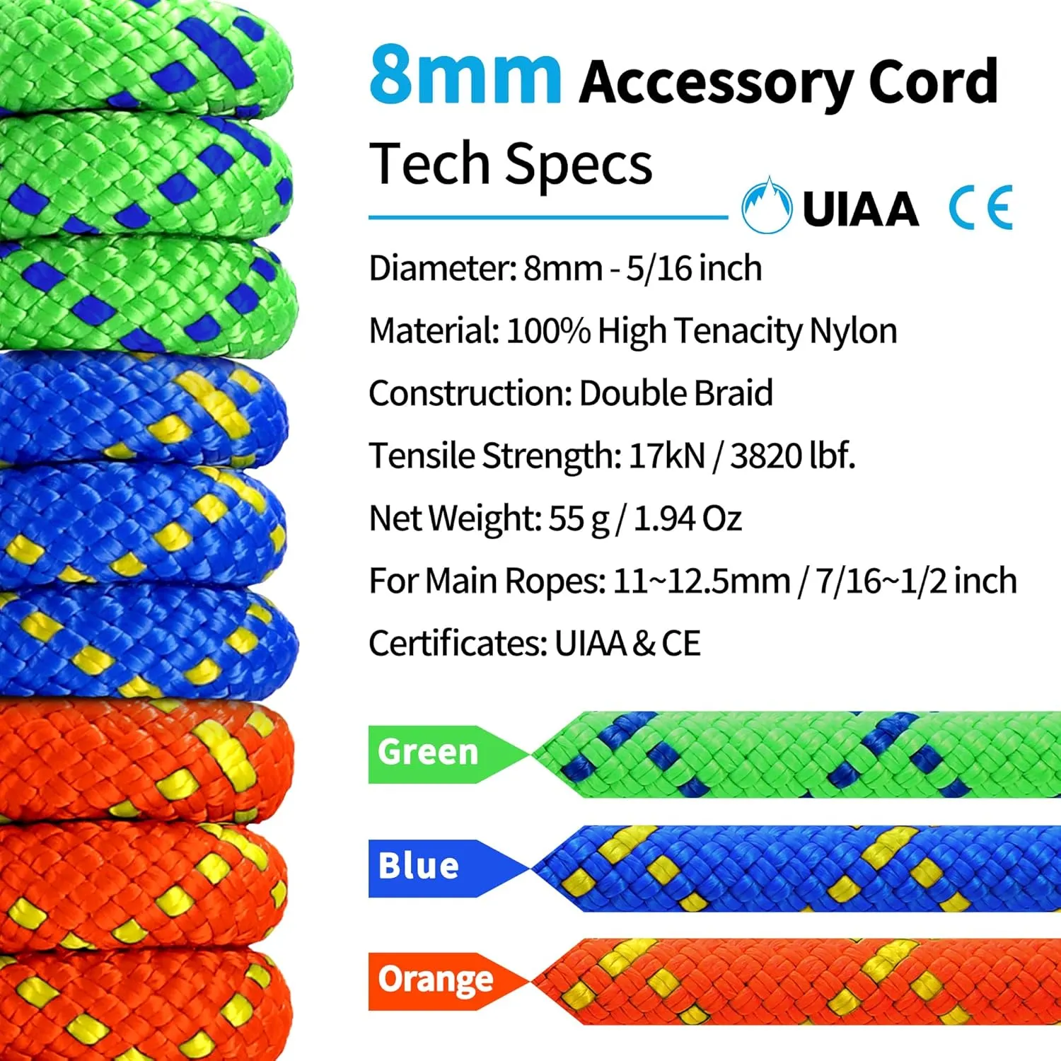 Prusik Cord Climbing Accessories Rope 8mm (5/16in) 20M(65ft) Accessory Line Double Braid Pre Cut Nylon Cord CE/UIAA High Tensile Strength for Mountaineering, Arborist, canyoneering, Rescue