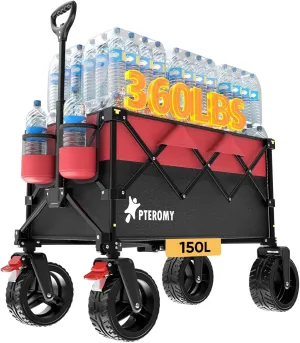 PTEROMY 150L Collapsible Wagon Cart Foldable, 360lbs Load Bearing Beach Cart Foldable Wagon for Shopping, Camping, Garden, Grocery, Outdoor (Black Red)