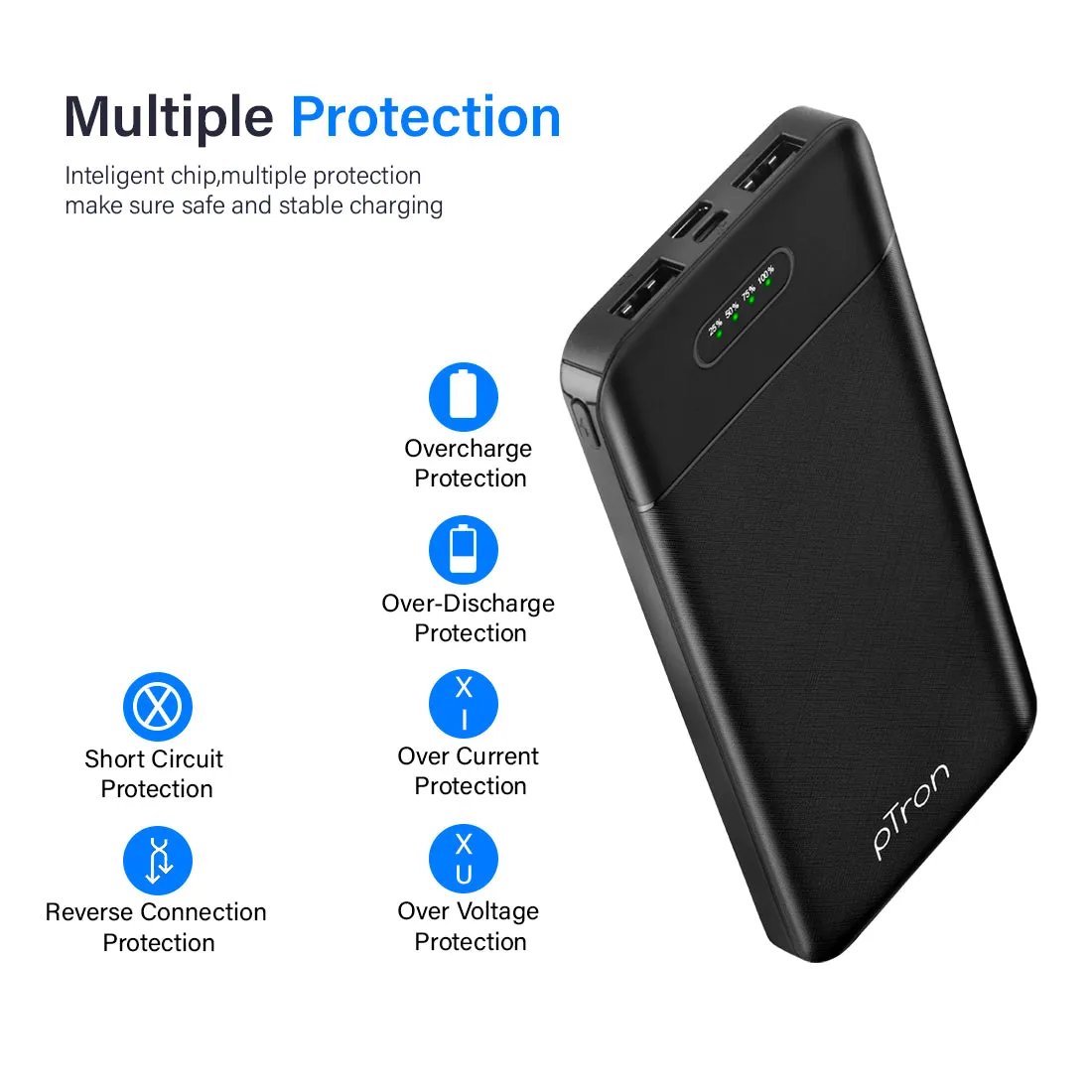 pTron Dynamo Evo 10000mAh Li-Polymer Power Bank, Made in India, 10W 2.1A Fast Charging Power Bank for Smartphones & Dual USB Ports, Type C & Micro USB Input, Safe & Reliable (Black)