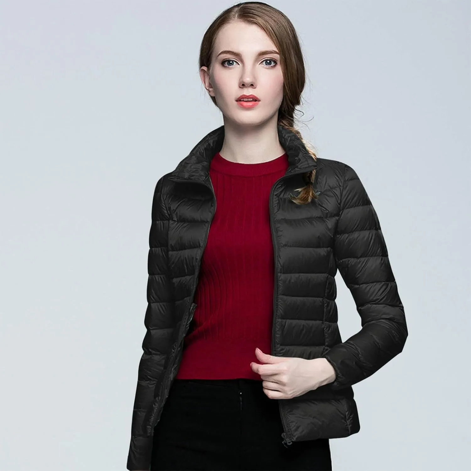 Puffer Jacket Women Casual Feather Lightweight Down Jackets Packable Solid Color Puffer Coats With Storage Bag Winter