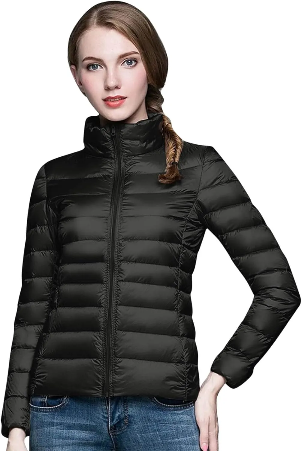 Puffer Jacket Women Casual Feather Lightweight Down Jackets Packable Solid Color Puffer Coats With Storage Bag Winter