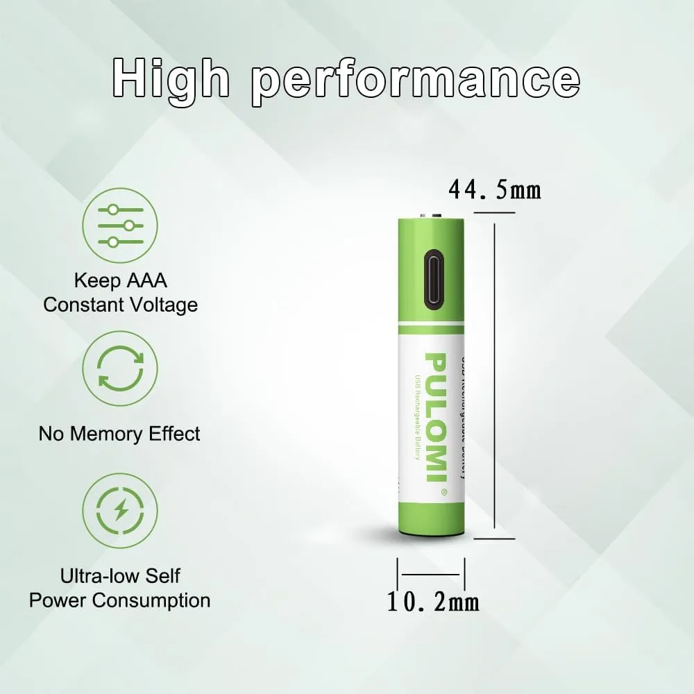 PULOMI USB Lithium ion Rechargeable AAA Battery, High Capacity 1.5V 550mWh Rechargeable AAA Battery, 1 H Fast Charge, 1200 Cycle with Type C Port Cable, Constant Output,8-Pack