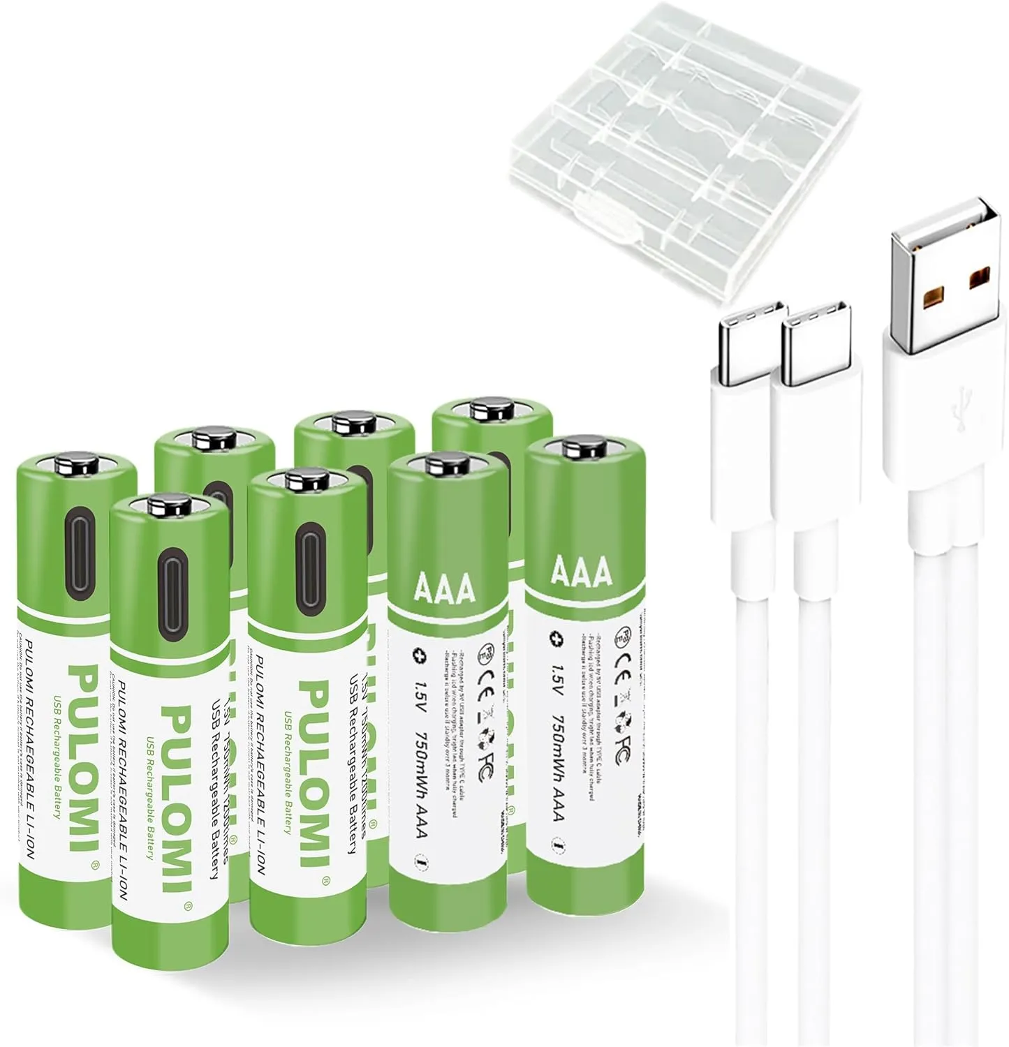 PULOMI USB Lithium ion Rechargeable AAA Battery, High Capacity 1.5V 550mWh Rechargeable AAA Battery, 1 H Fast Charge, 1200 Cycle with Type C Port Cable, Constant Output,8-Pack