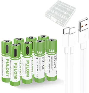 PULOMI USB Lithium ion Rechargeable AAA Battery, High Capacity 1.5V 550mWh Rechargeable AAA Battery, 1 H Fast Charge, 1200 Cycle with Type C Port Cable, Constant Output,8-Pack