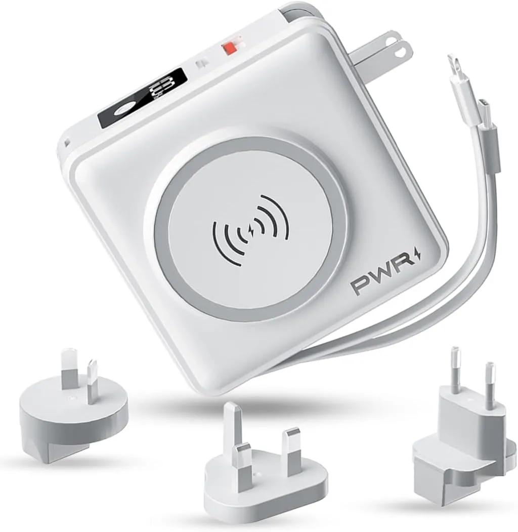 PWR Travel PRO 5-in-1 Power Bank – 5-in-1 PD 20W USB C Power Bank – 15W Fast Charging Wireless Portable Charger – Travel Power Bank with 10,000mAh Battery – Compatible with Lightning, USB-C (White)