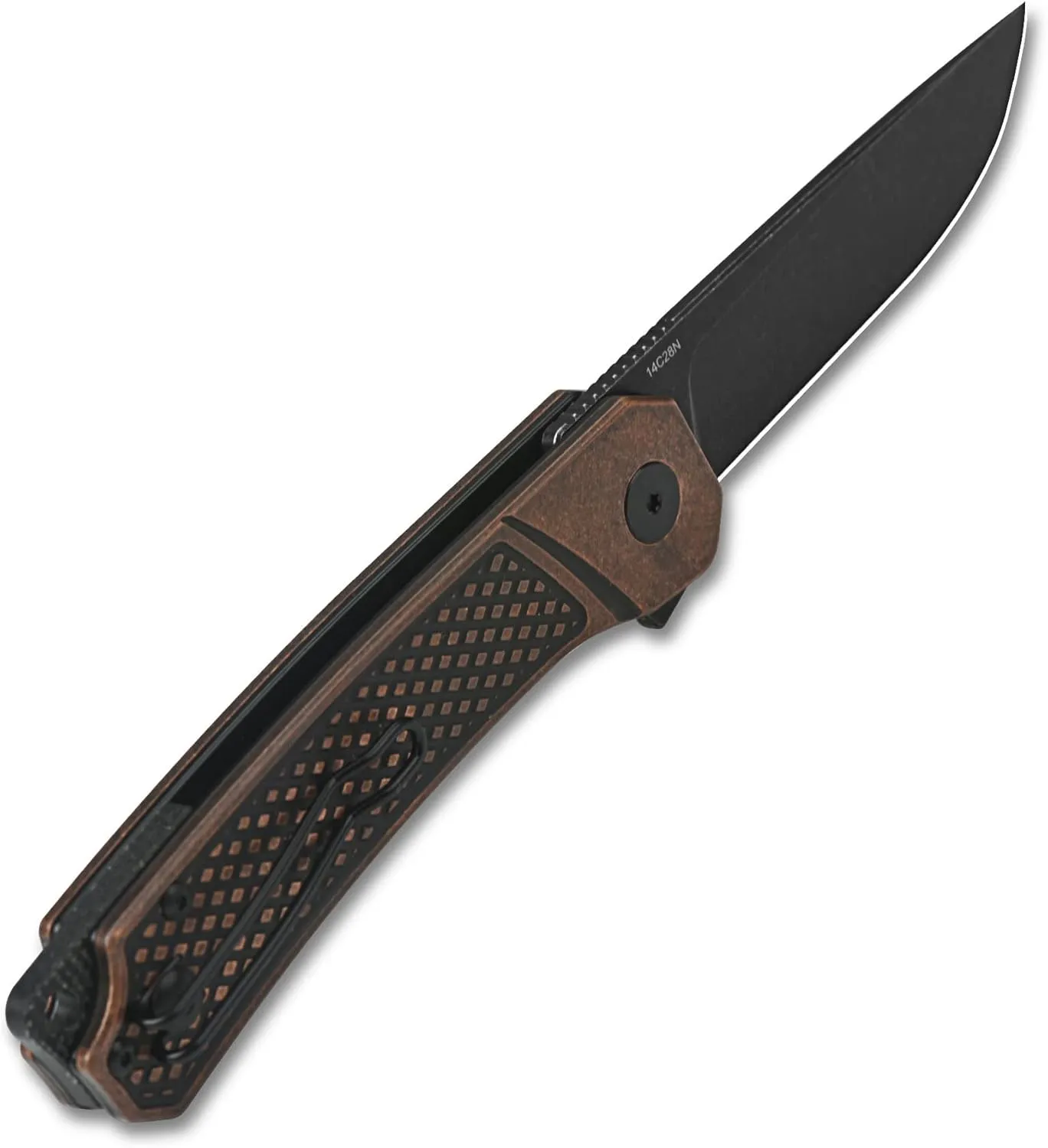 QSP Knife Osprey Folding Knife, 3.25in 14C28N Blade with Different Handle Variants, Reversible Tip Up Clip for Everyday Carry (Black stonewash blade, copper handle)