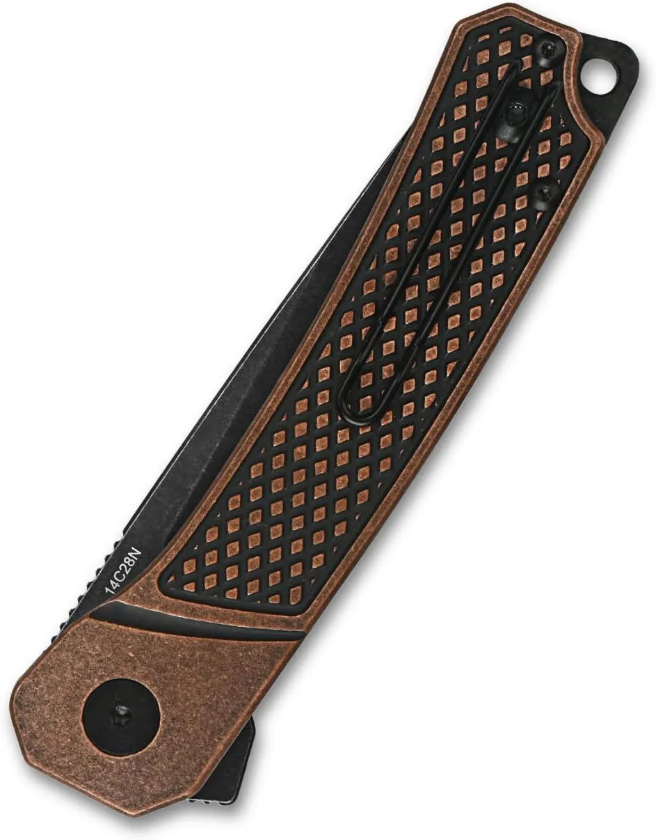 QSP Knife Osprey Folding Knife, 3.25in 14C28N Blade with Different Handle Variants, Reversible Tip Up Clip for Everyday Carry (Black stonewash blade, copper handle)
