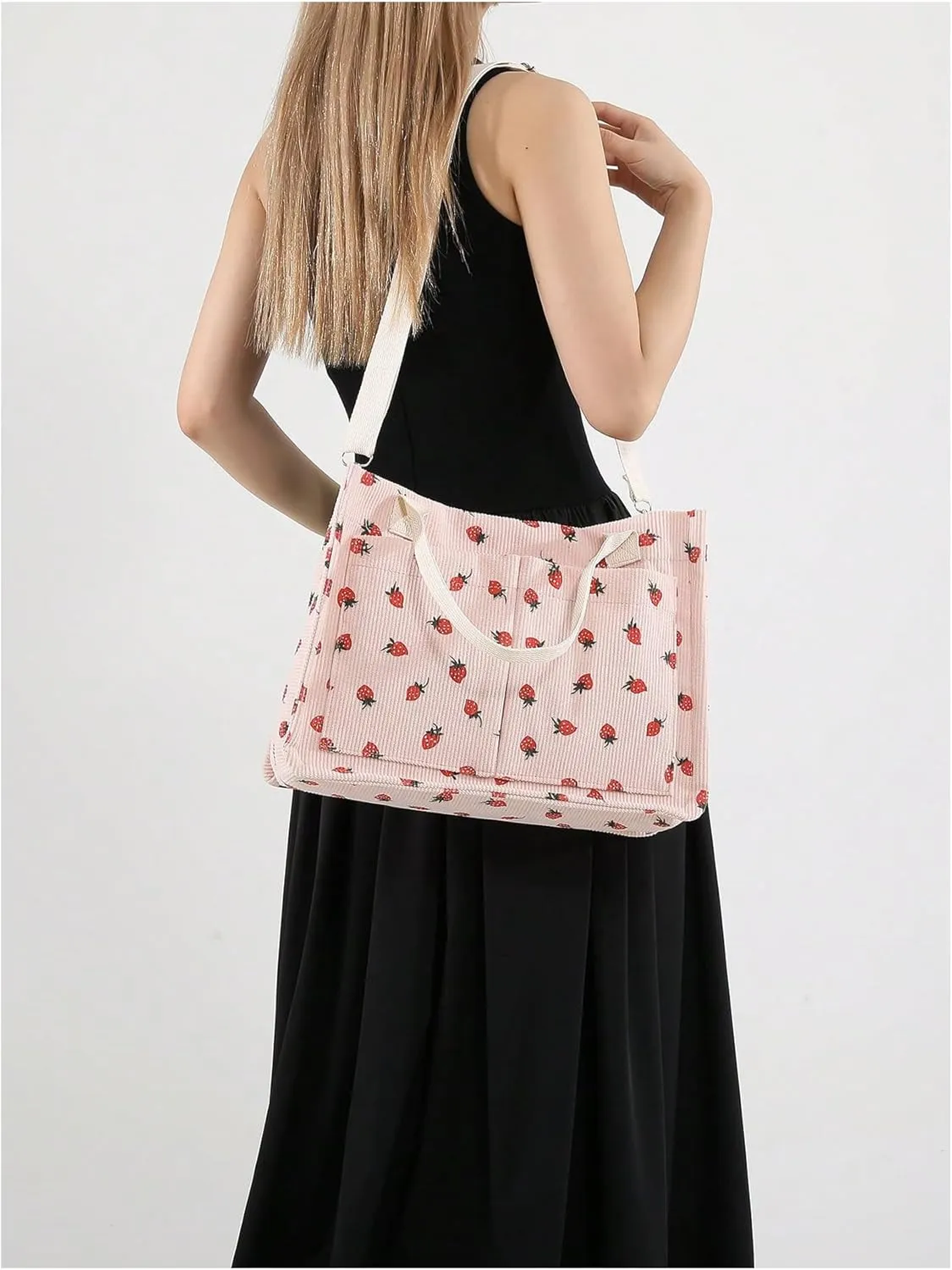 QWINEE Women's Cute Strawberry Tote Bag Double Handle Large Capacity Handbag with Adjustable Strap