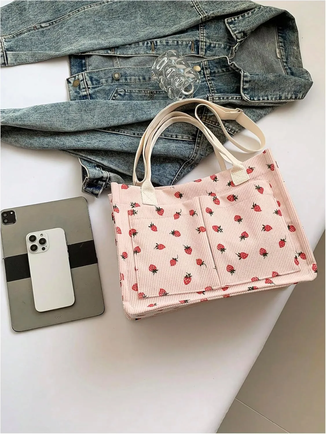 QWINEE Women's Cute Strawberry Tote Bag Double Handle Large Capacity Handbag with Adjustable Strap