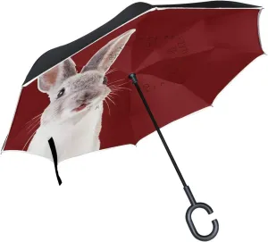 Rabbit Reverse Inverted Inside Out Umbrella Cars Unigue Windproof UV Proof Double Layer for Women