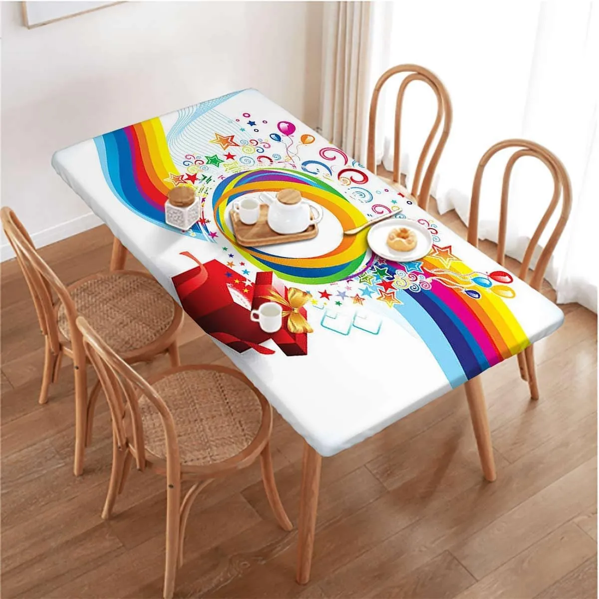 Rainbow Colors Tablecloth Elastic Edge Fitted Artistic Colorful Rainbow Wave Stars Flowers Wooden Boards Oil Proof Waterproof Tablecloth for Picnic Party Abstract Fits up 5 Foot Tables
