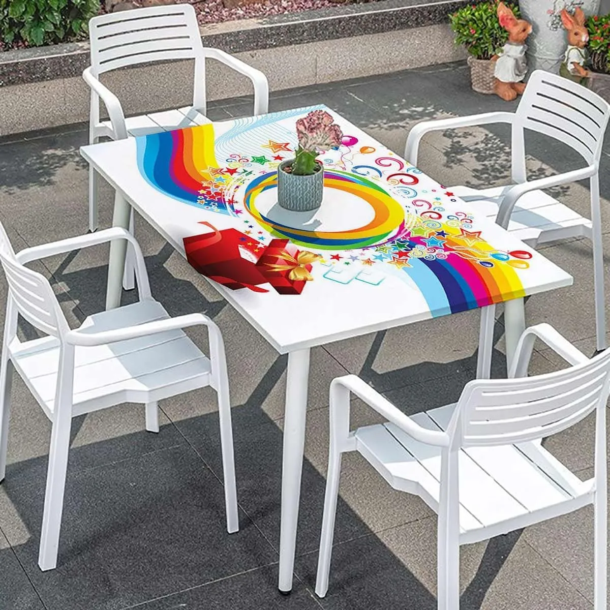 Rainbow Colors Tablecloth Elastic Edge Fitted Artistic Colorful Rainbow Wave Stars Flowers Wooden Boards Oil Proof Waterproof Tablecloth for Picnic Party Abstract Fits up 5 Foot Tables