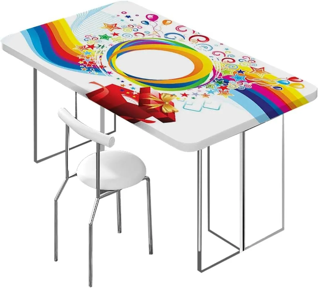 Rainbow Colors Tablecloth Elastic Edge Fitted Artistic Colorful Rainbow Wave Stars Flowers Wooden Boards Oil Proof Waterproof Tablecloth for Picnic Party Abstract Fits up 5 Foot Tables