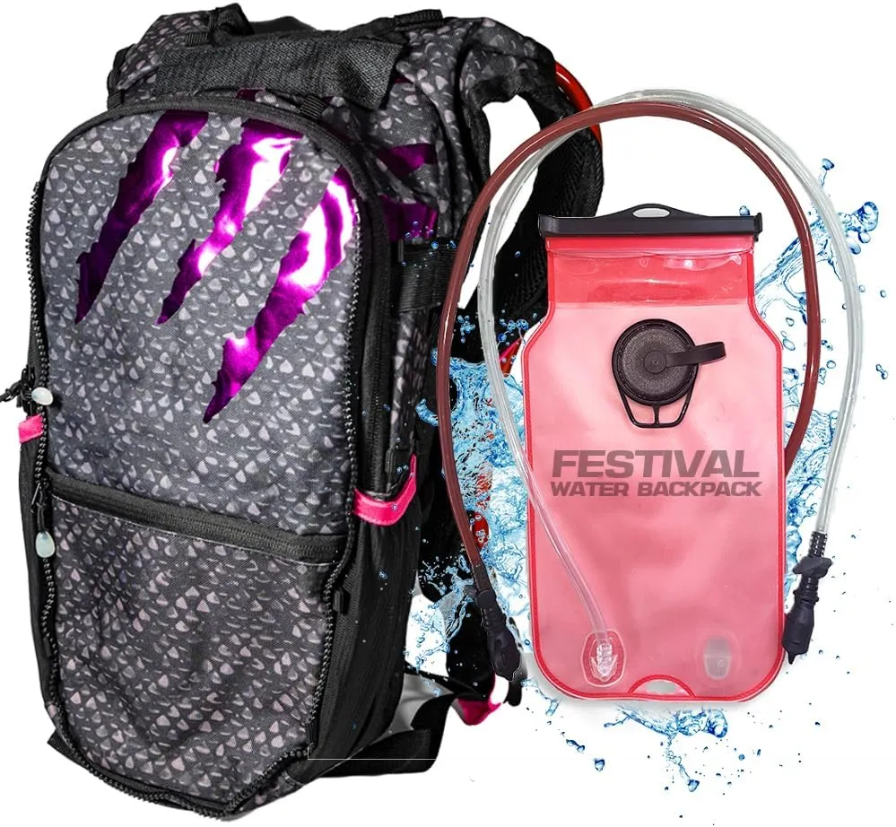 RAVERUNNER® Dino Festival Water Backpack - Dual Chamber Hydration - 3L Insulated Water Backpack for Raves, Festivals, Hiking, Running - Festival Hydration Pack for Hydration Backpack Rave