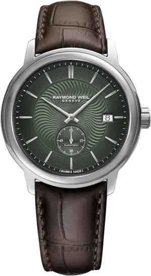 RAYMOND WEIL Maestro Men's Automatic Watch, Green Dial, Indexes, Small Seconds, Stainless Steel Case, Genuine Brown Leather Strap, 39.5mm (Model: 2238-STC-52001)