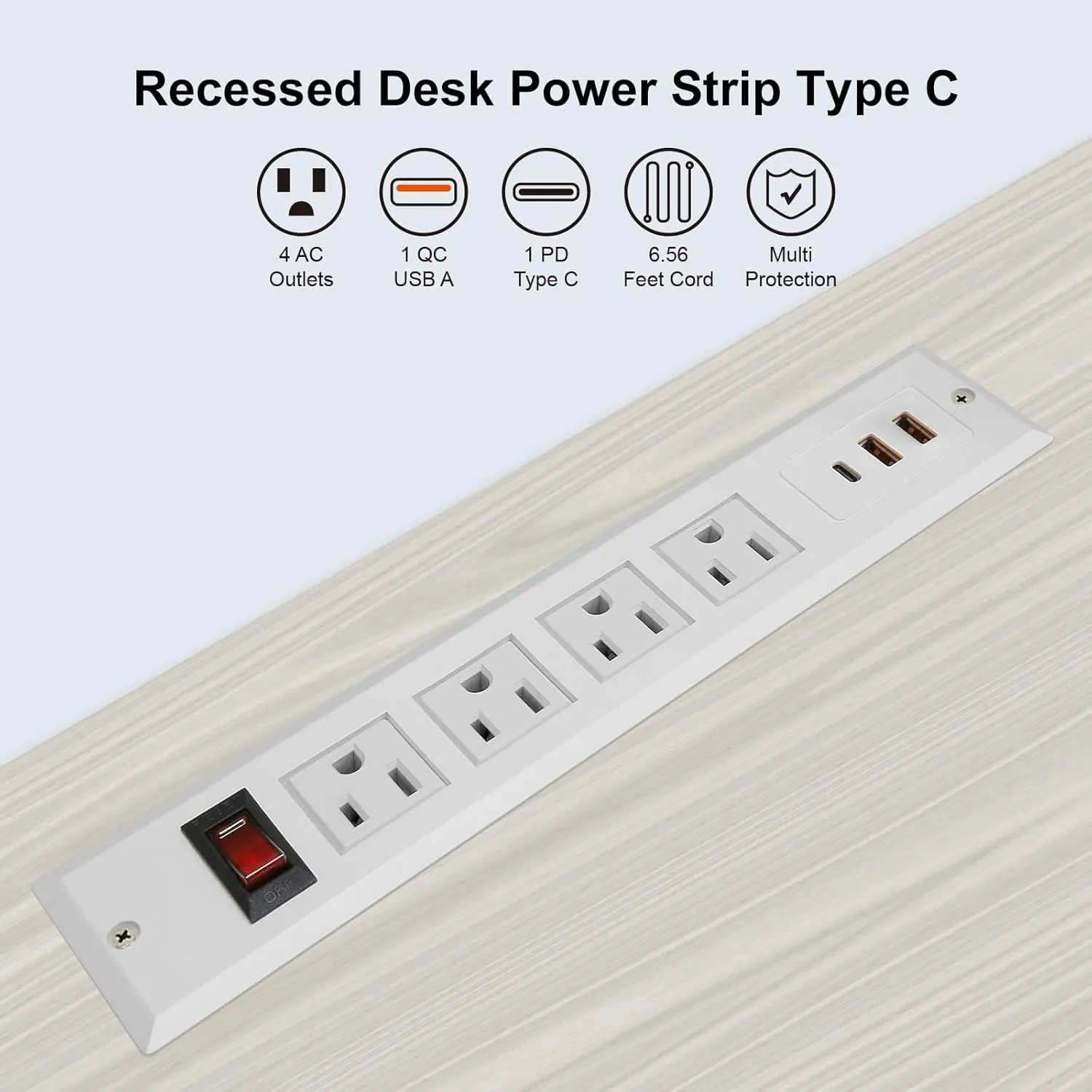 Recessed Power Strip Type C 20W PD Fast Charge Desk Power Outlet 4 Outlets 2 USB and 1 USB C Built in Furniture Extension Power Plug for Dorm Office (White)