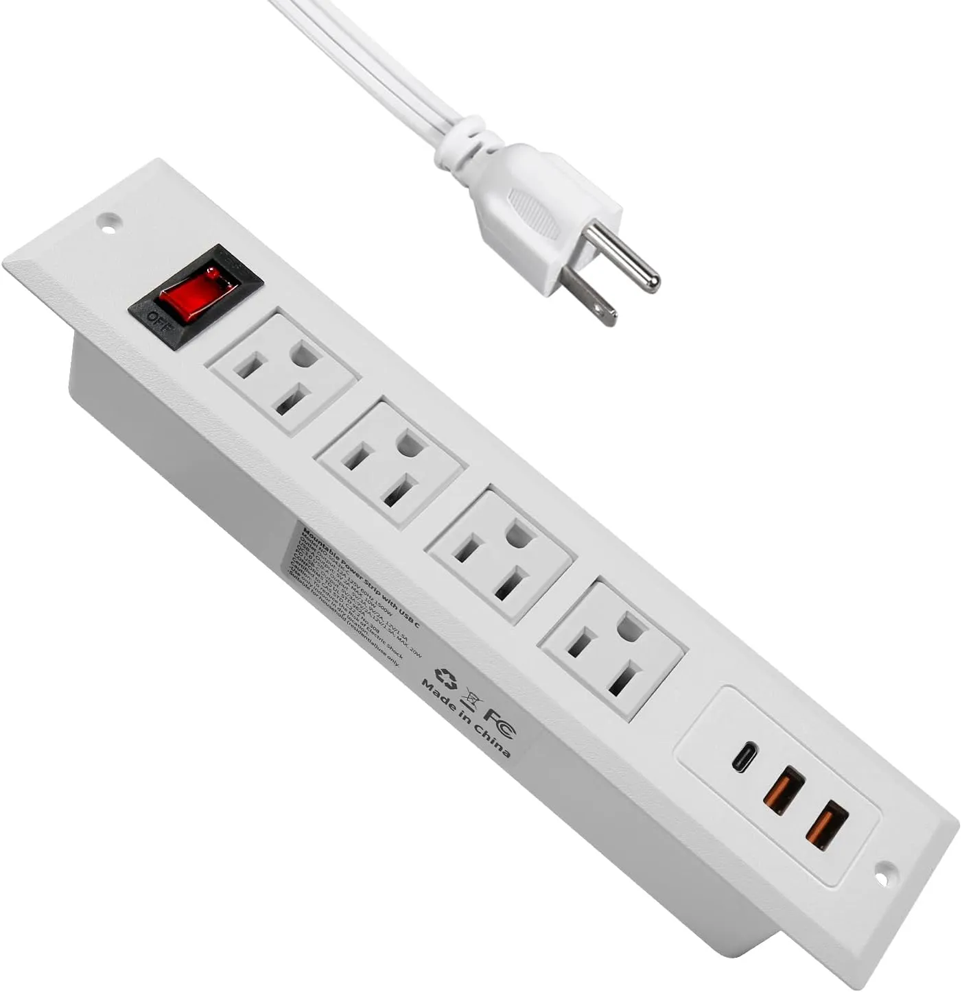 Recessed Power Strip Type C 20W PD Fast Charge Desk Power Outlet 4 Outlets 2 USB and 1 USB C Built in Furniture Extension Power Plug for Dorm Office (White)