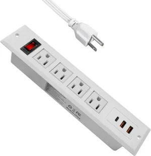 Recessed Power Strip Type C 20W PD Fast Charge Desk Power Outlet 4 Outlets 2 USB and 1 USB C Built in Furniture Extension Power Plug for Dorm Office (White)
