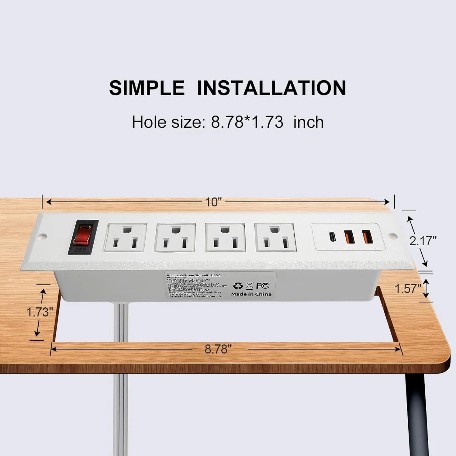 Recessed Power Strip Type C 20W PD Fast Charge Desk Power Outlet 4 Outlets 2 USB and 1 USB C Built in Furniture Extension Power Plug for Dorm Office (White)