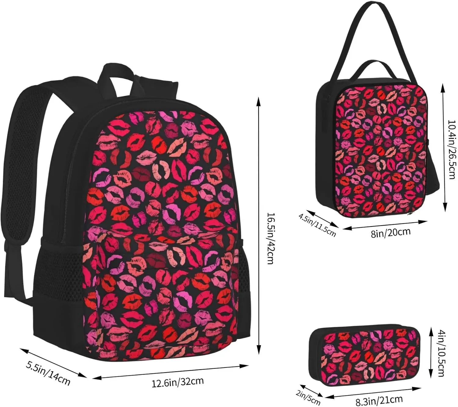 Red Nice Lip Imprint Multifunctional Pocket Backpack Crossbody Lunch Bag Pencil Case 3Pcs Set Large Capacity Backpack
