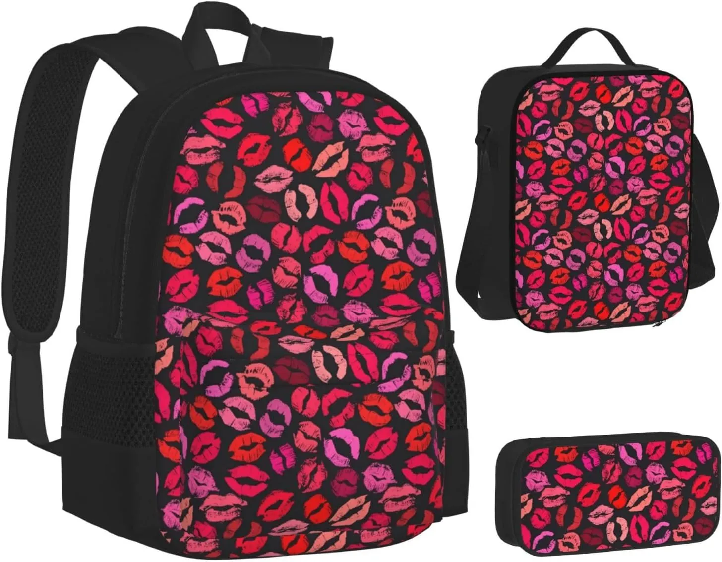 Red Nice Lip Imprint Multifunctional Pocket Backpack Crossbody Lunch Bag Pencil Case 3Pcs Set Large Capacity Backpack