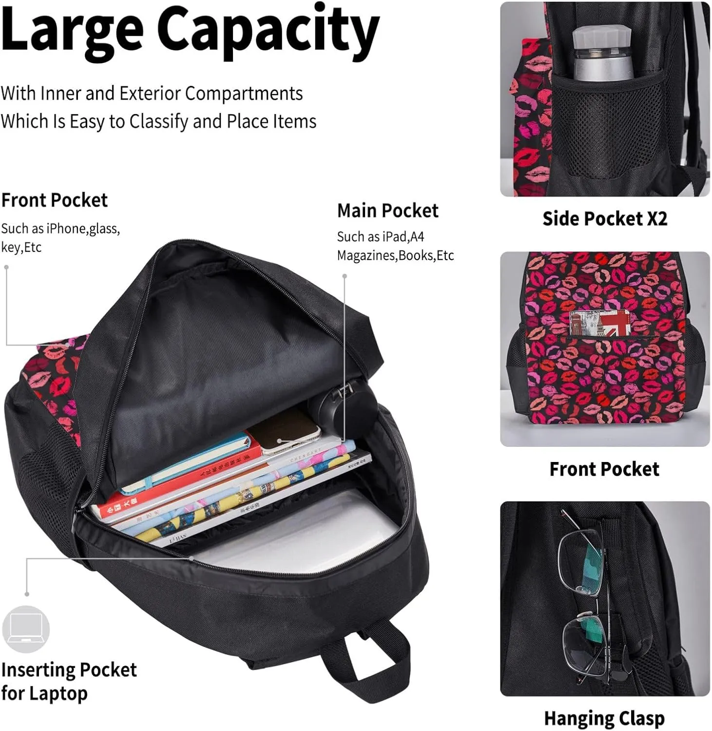 Red Nice Lip Imprint Multifunctional Pocket Backpack Crossbody Lunch Bag Pencil Case 3Pcs Set Large Capacity Backpack