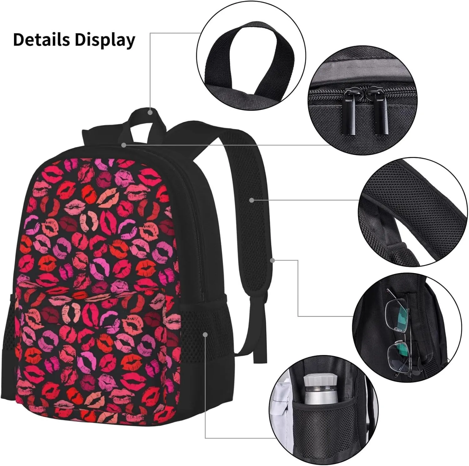 Red Nice Lip Imprint Multifunctional Pocket Backpack Crossbody Lunch Bag Pencil Case 3Pcs Set Large Capacity Backpack
