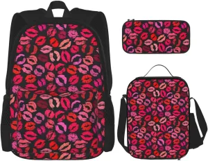 Red Nice Lip Imprint Multifunctional Pocket Backpack Crossbody Lunch Bag Pencil Case 3Pcs Set Large Capacity Backpack