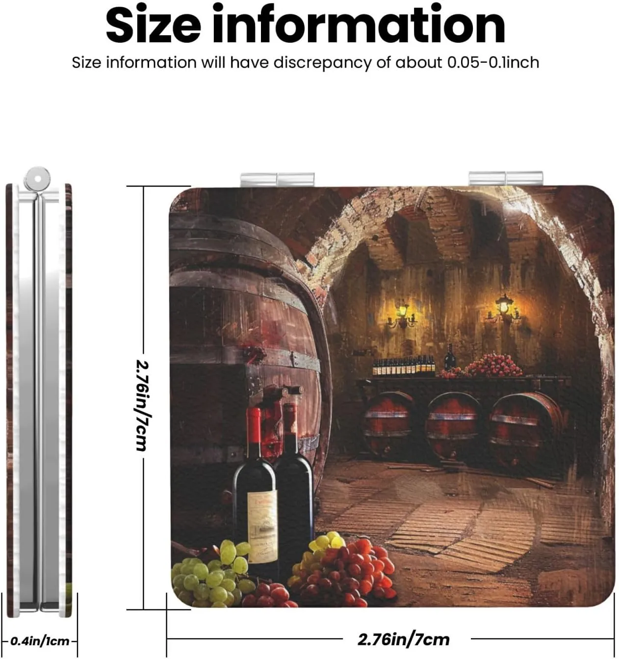 Red Wine Cellar Printed Square Pocket Makeup Mirror with 1X/2X Magnification, Portable Mini Travel Makeup Mirror for Travel Daily Work Beauty