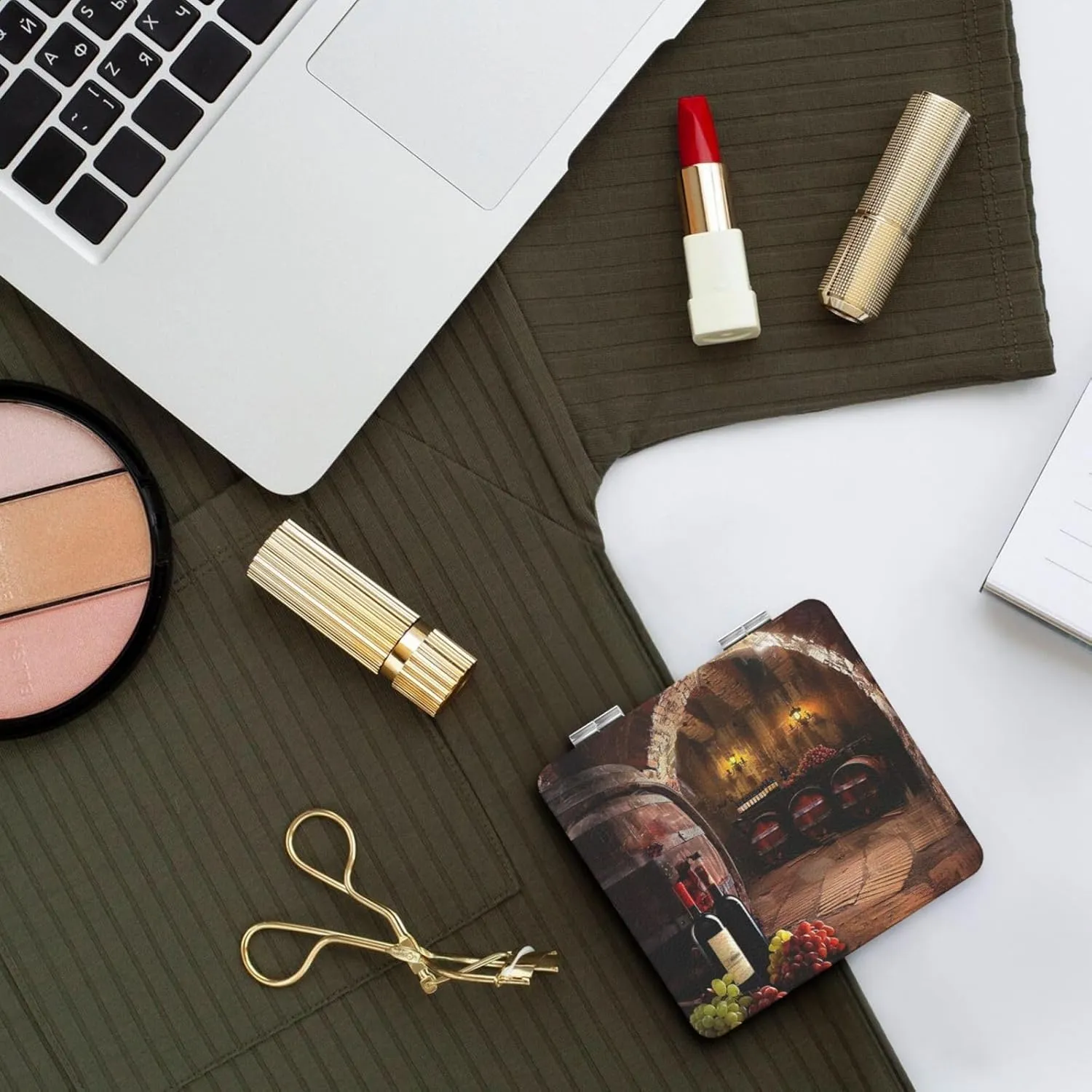 Red Wine Cellar Printed Square Pocket Makeup Mirror with 1X/2X Magnification, Portable Mini Travel Makeup Mirror for Travel Daily Work Beauty