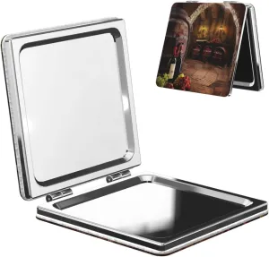 Red Wine Cellar Printed Square Pocket Makeup Mirror with 1X/2X Magnification, Portable Mini Travel Makeup Mirror for Travel Daily Work Beauty