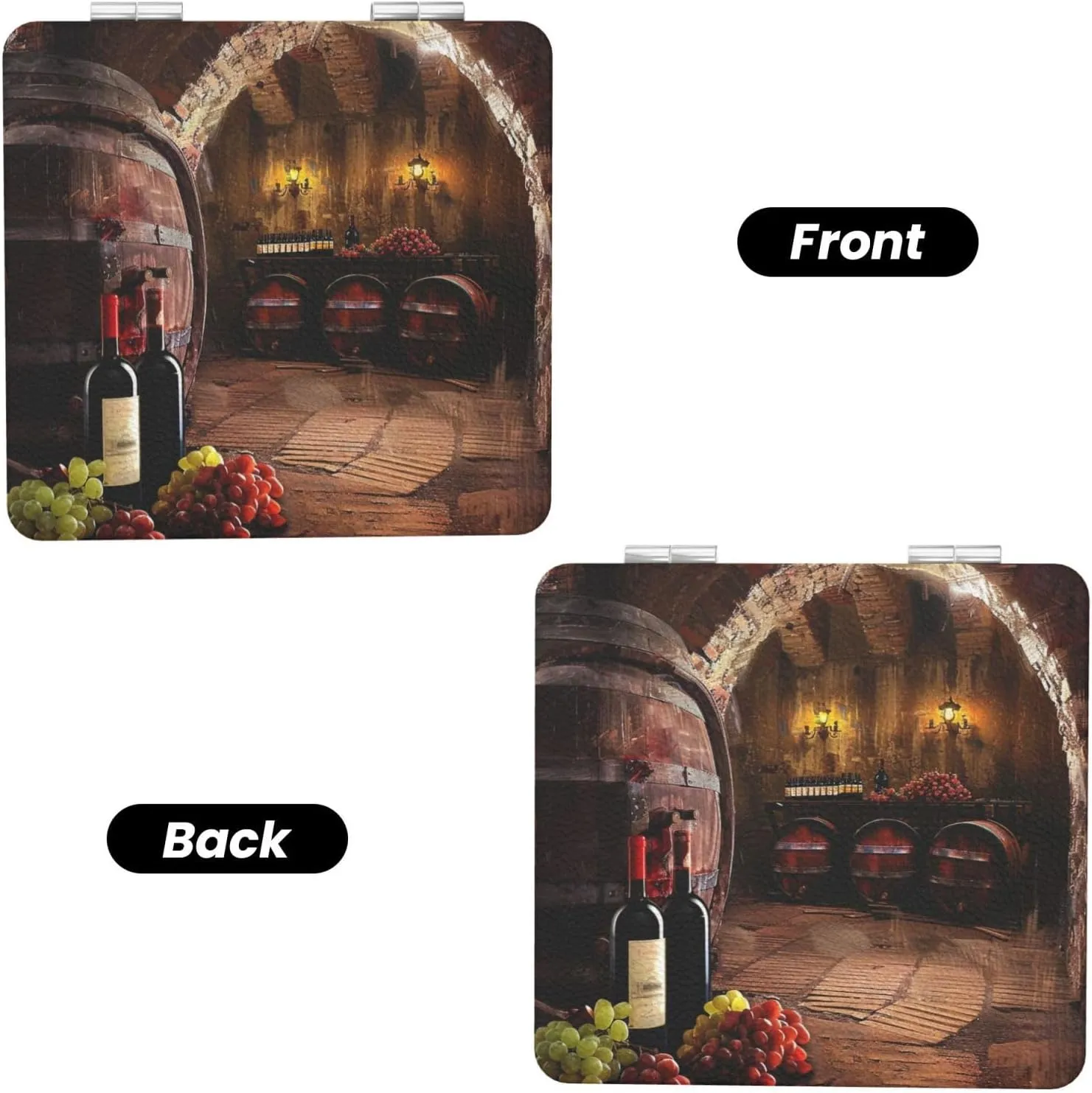Red Wine Cellar Printed Square Pocket Makeup Mirror with 1X/2X Magnification, Portable Mini Travel Makeup Mirror for Travel Daily Work Beauty