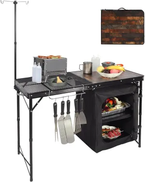 REDCAMP Portable Camping Kitchen Table, 4ft Folding Camping Grill Table with Storage Organizer and Telescoping Light Stand, Outdoor Cooking Station for BBQ, Party and Picnic