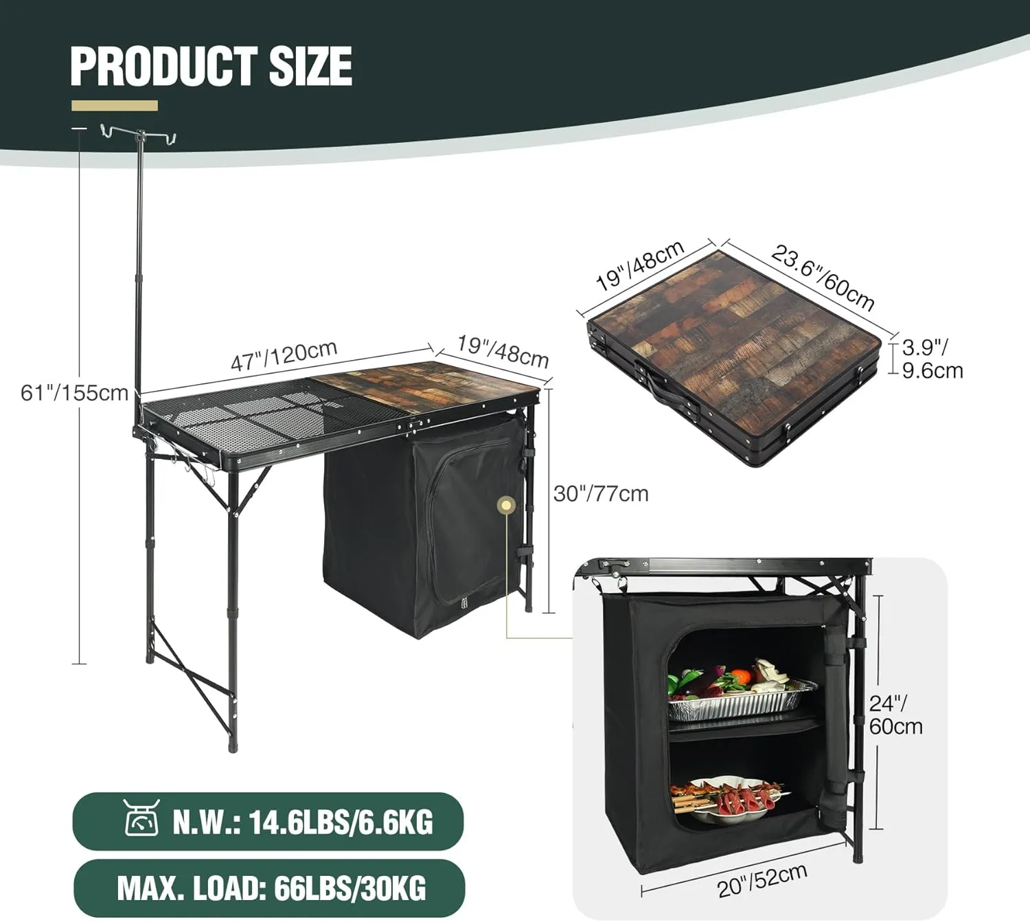 REDCAMP Portable Camping Kitchen Table, 4ft Folding Camping Grill Table with Storage Organizer and Telescoping Light Stand, Outdoor Cooking Station for BBQ, Party and Picnic