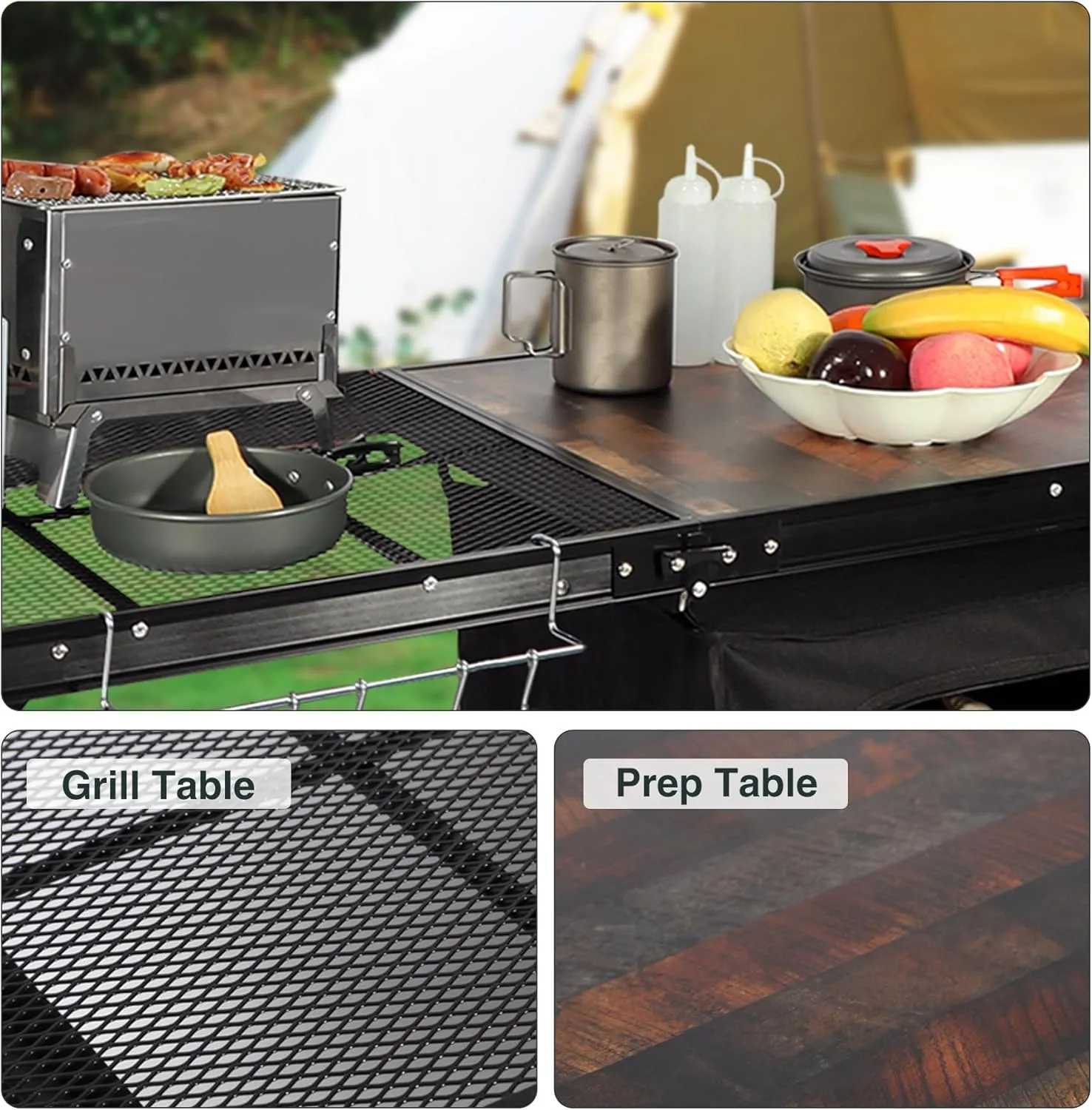REDCAMP Portable Camping Kitchen Table, 4ft Folding Camping Grill Table with Storage Organizer and Telescoping Light Stand, Outdoor Cooking Station for BBQ, Party and Picnic