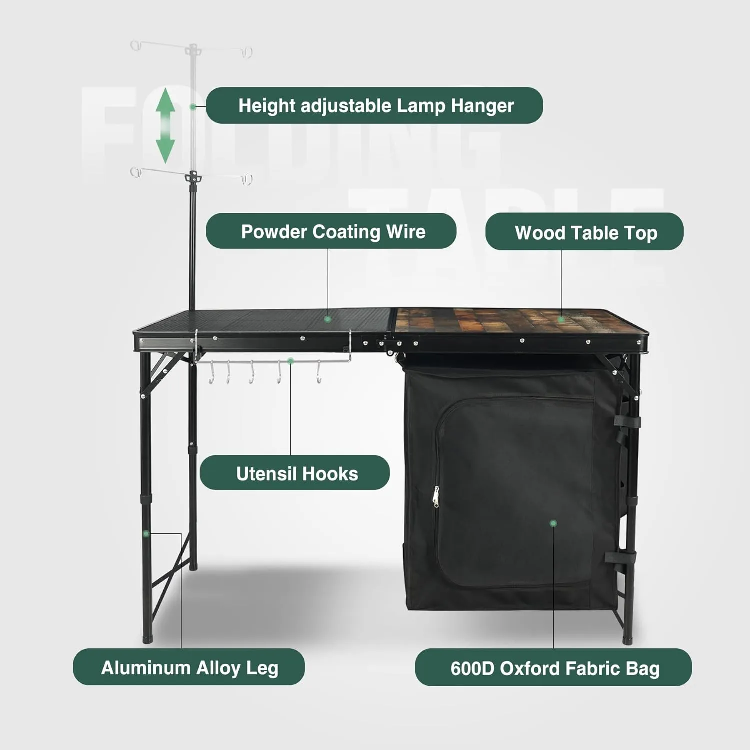 REDCAMP Portable Camping Kitchen Table, 4ft Folding Camping Grill Table with Storage Organizer and Telescoping Light Stand, Outdoor Cooking Station for BBQ, Party and Picnic