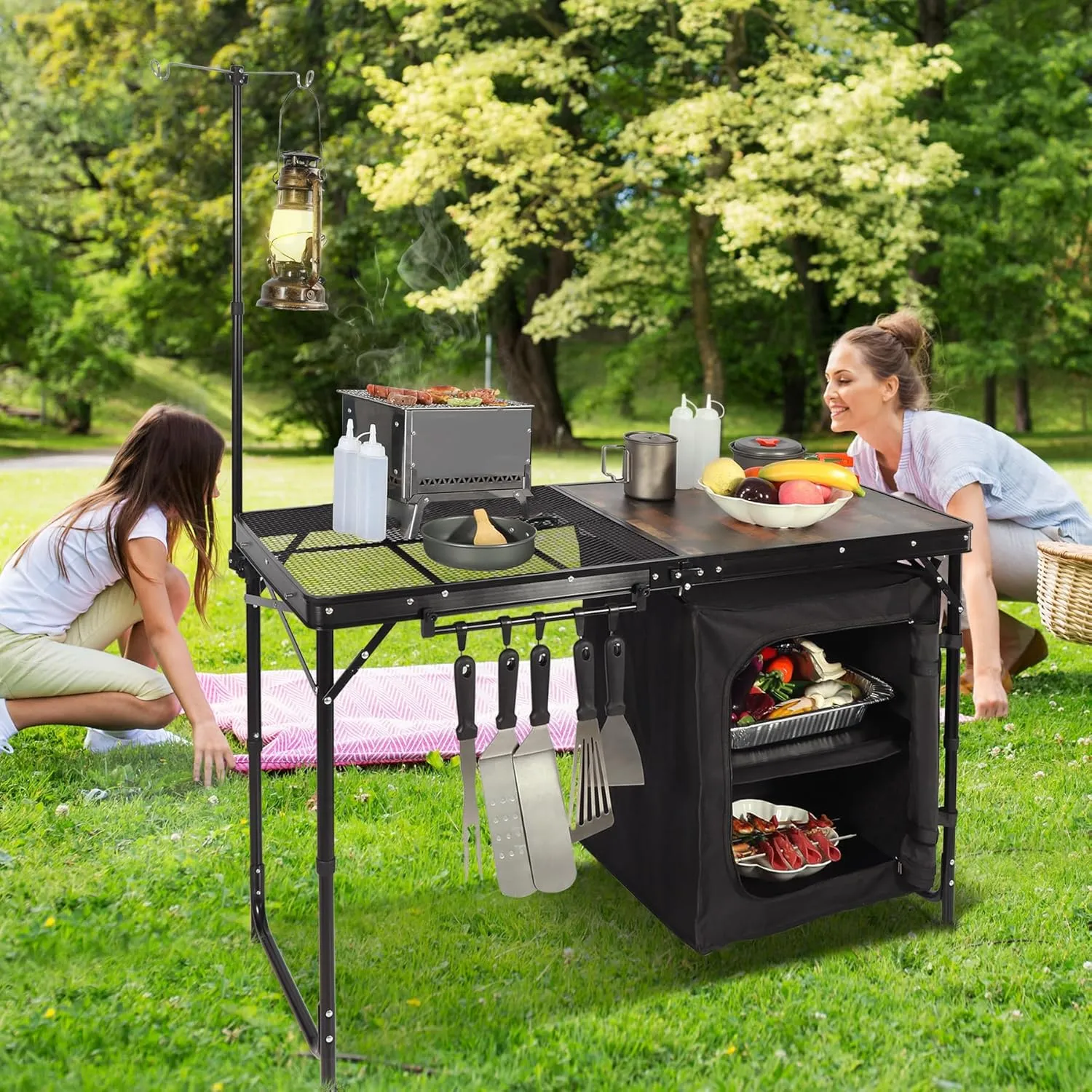 REDCAMP Portable Camping Kitchen Table, 4ft Folding Camping Grill Table with Storage Organizer and Telescoping Light Stand, Outdoor Cooking Station for BBQ, Party and Picnic