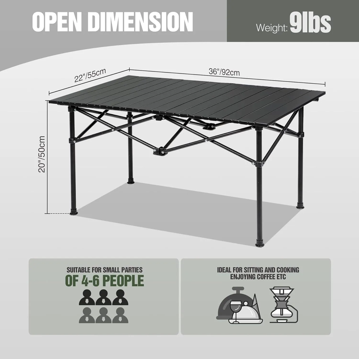 REDCAMP Roll Up Camping Tables That Fold Up, Lightweight Portable Compact Metal Camp Table for Grill Outdoor Picnic, Black Long 36x22